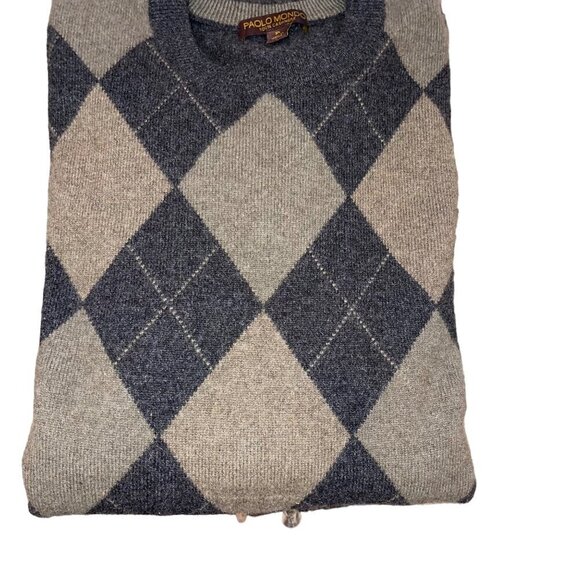 Paolo Mondo Mens Sweater Size XL Gray Argyle Crew Neck Preppy Pure Cashmere - Picture 3 of 7